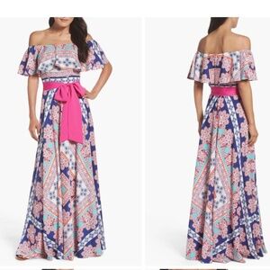 ELIZA J, Off Shoulder Floral Scarf Print Maxi Dress Hot Pink Belt, Sz 4, NWT